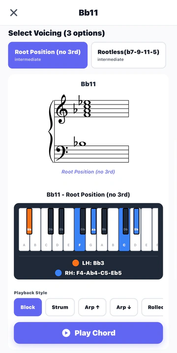 A chord page of the Jazz Chords Encyclopedia: B♭11 drawn on a grand staff and on a keyboard, with a Play Chord button.