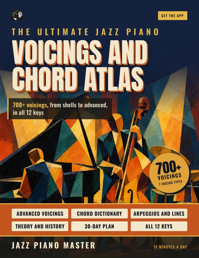 The cover of The Ultimate Jazz Piano Voicings and Chord Atlas: a painted jazz trio under the title.