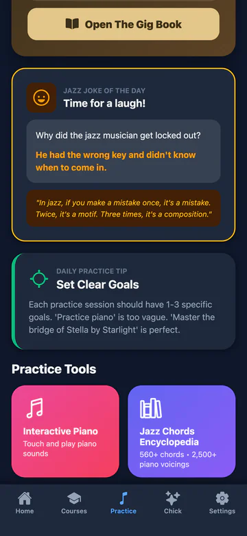 The Practice tab: Open The Gig Book, the jazz joke and practice tip of the day, and the first row of tools, Interactive Piano and the Jazz Chords Encyclopedia.