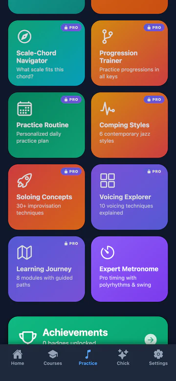 The Practice screen further down, on a free account: the tools marked PRO, among them the Scale-Chord Navigator, the Progression Trainer, Practice Routine, Comping Styles, Soloing Concepts, the Voicing Explorer and the Learning Journey, with the Expert Metronome beside the Learning Journey and Achievements below.