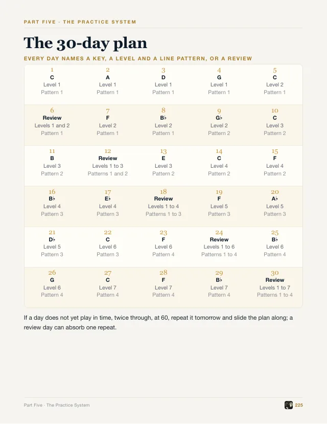 Book page: the 30-day plan, one cell a day naming a key, a level and a line pattern, or a review.
