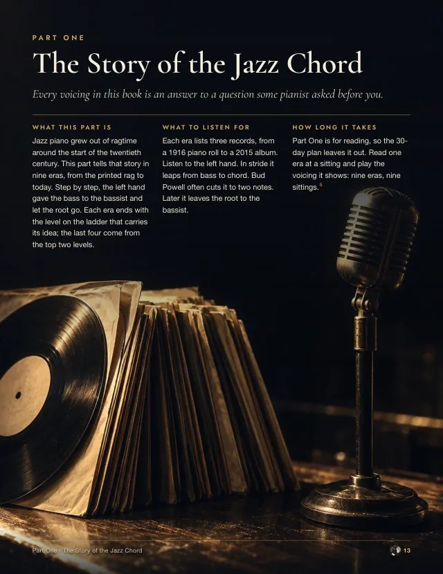 Book page: the opener of Part One, The Story of the Jazz Chord, an illustration of vinyl records and a vintage microphone.