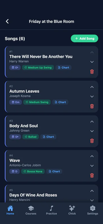 A set list in the app: standards in the order of the gig, each in its own key.