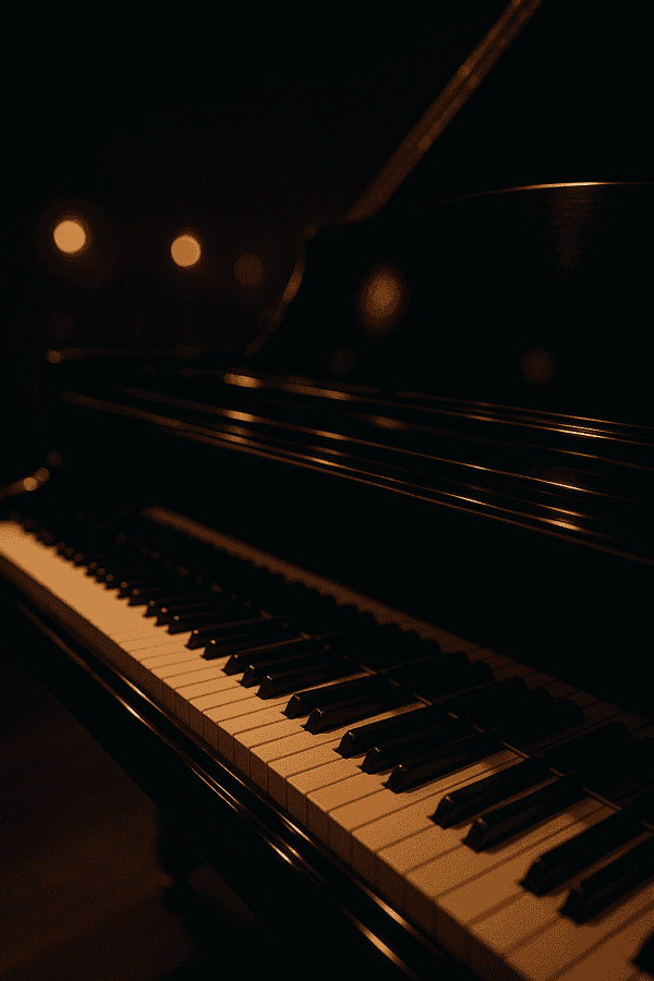 Grand piano keyboard lit with warm gold stage light in a late-night jazz club