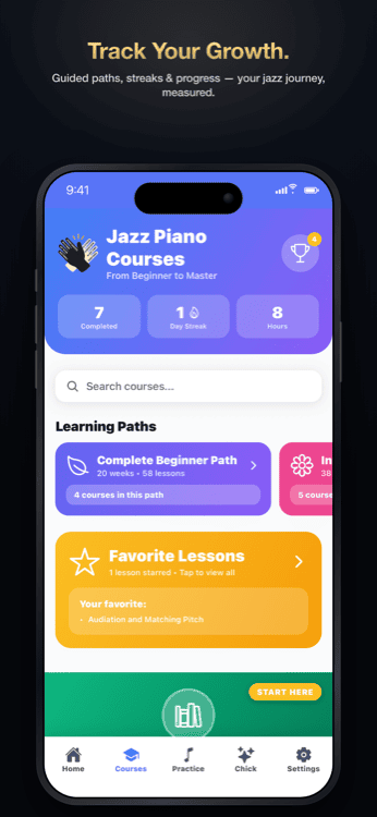 Practice streaks, certificates, and goals in Jazz Piano Master