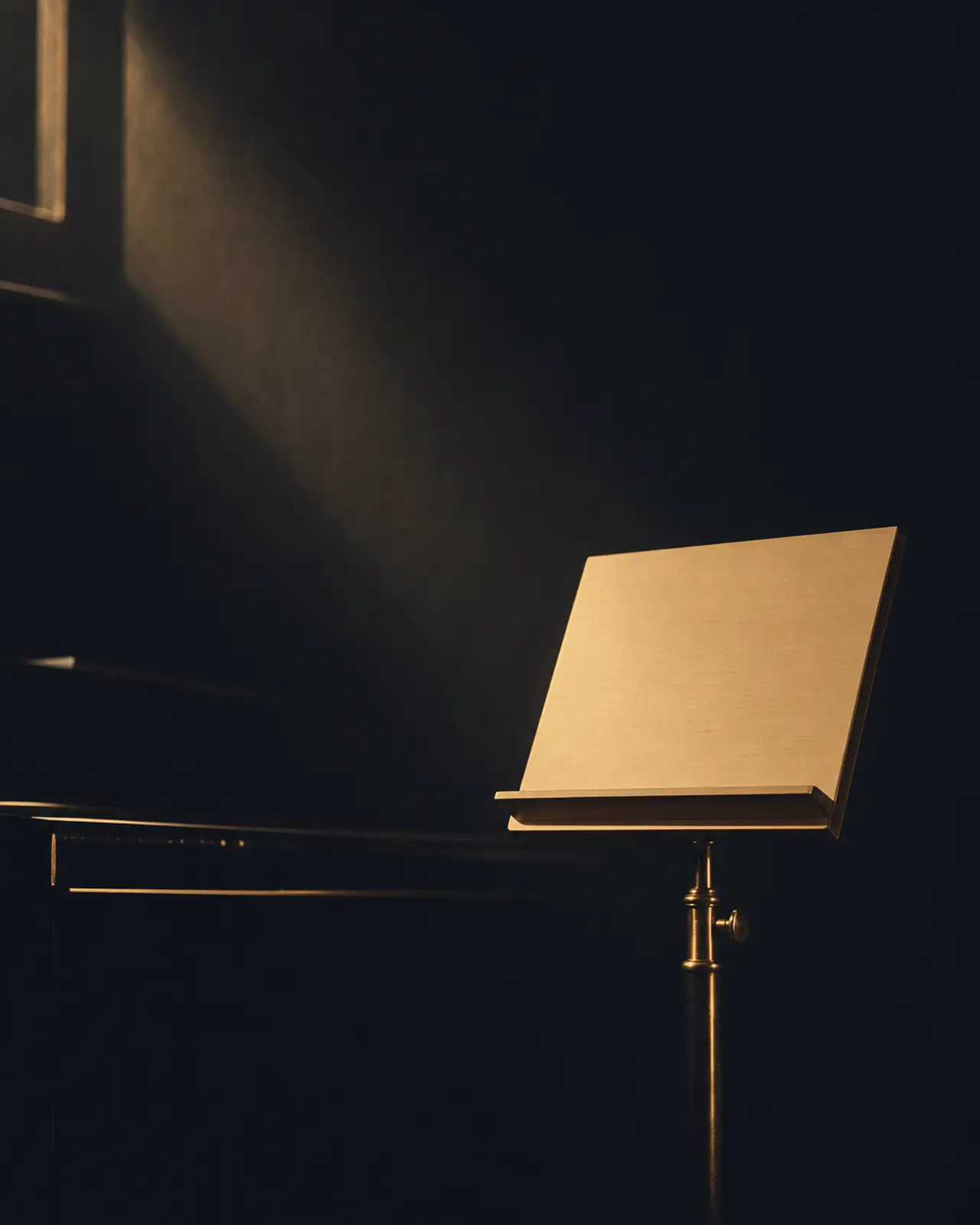 Cool Jazz era still life for Ahmad Jamal: an empty music desk with nothing on it at all, the rest of the frame black.
