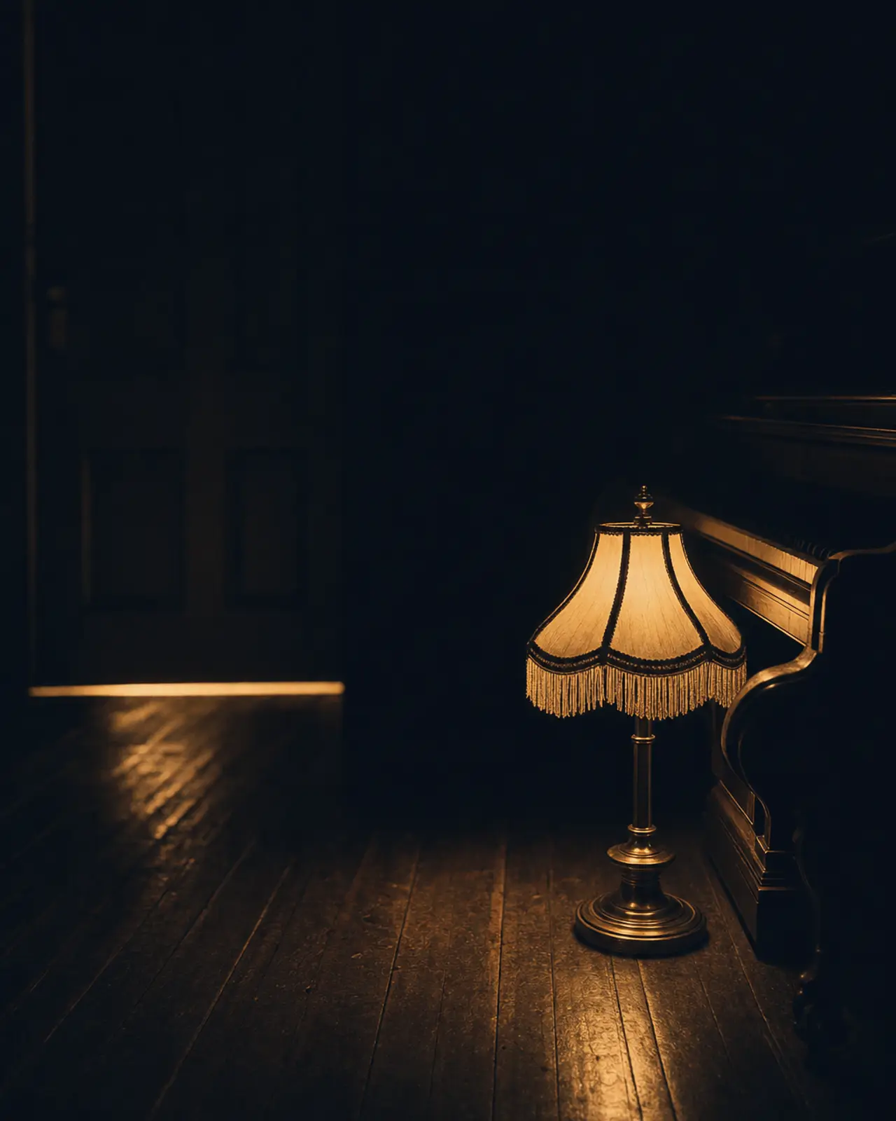 Stride era still life for Art Tatum: a table lamp with a fringed shade, its light the only thing in the room.