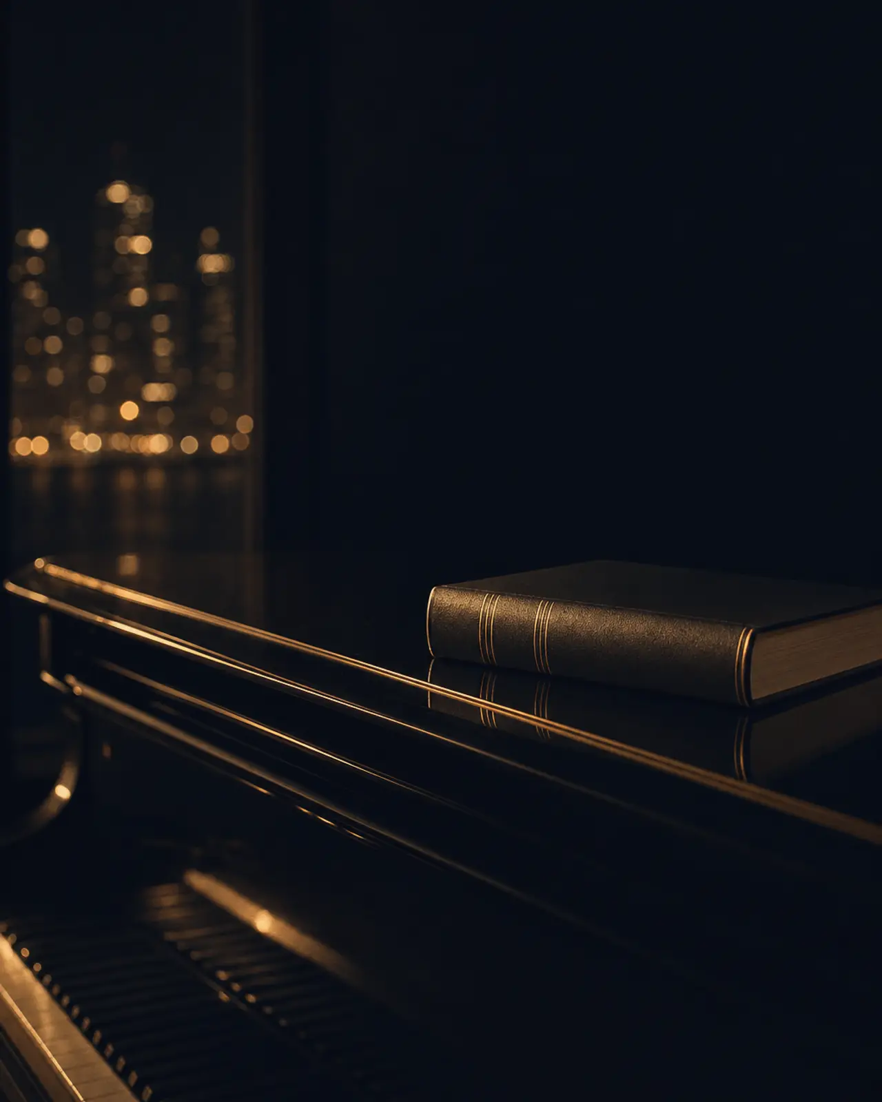 Contemporary era still life for Brad Mehldau: a closed hardback book left spine-up on the piano lid.