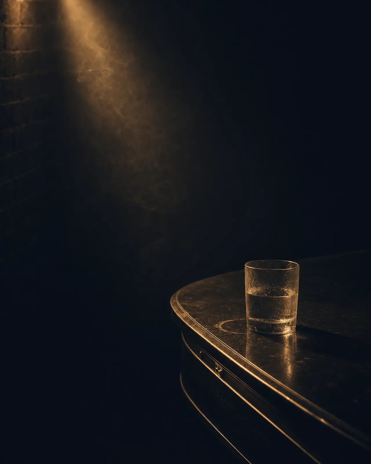 Bebop era still life for Bud Powell: a single tumbler of water on the piano lid, ring-marked.