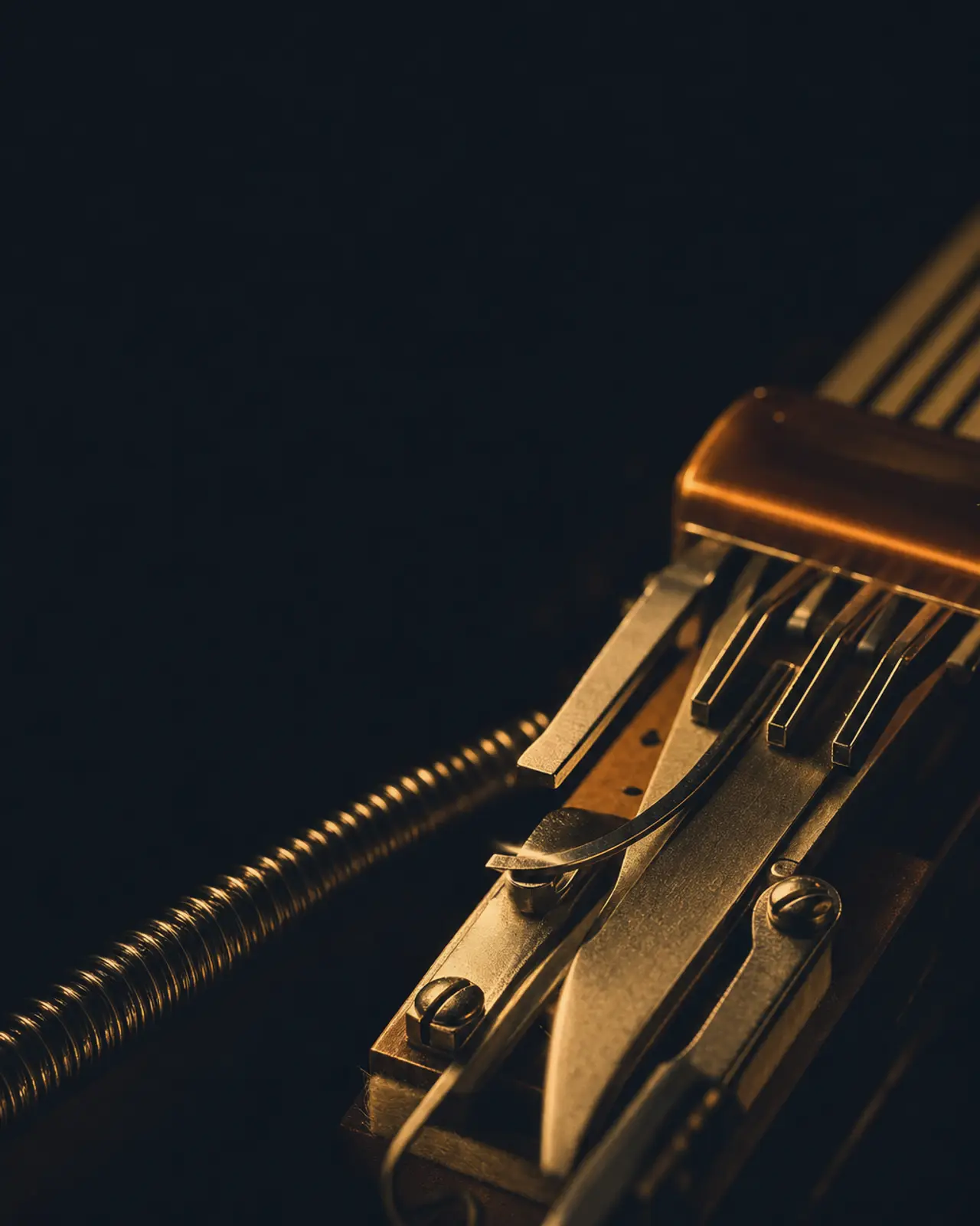 Fusion era still life for Chick Corea: an electric-piano tine and tonebar in extreme macro, raking light along the metal.