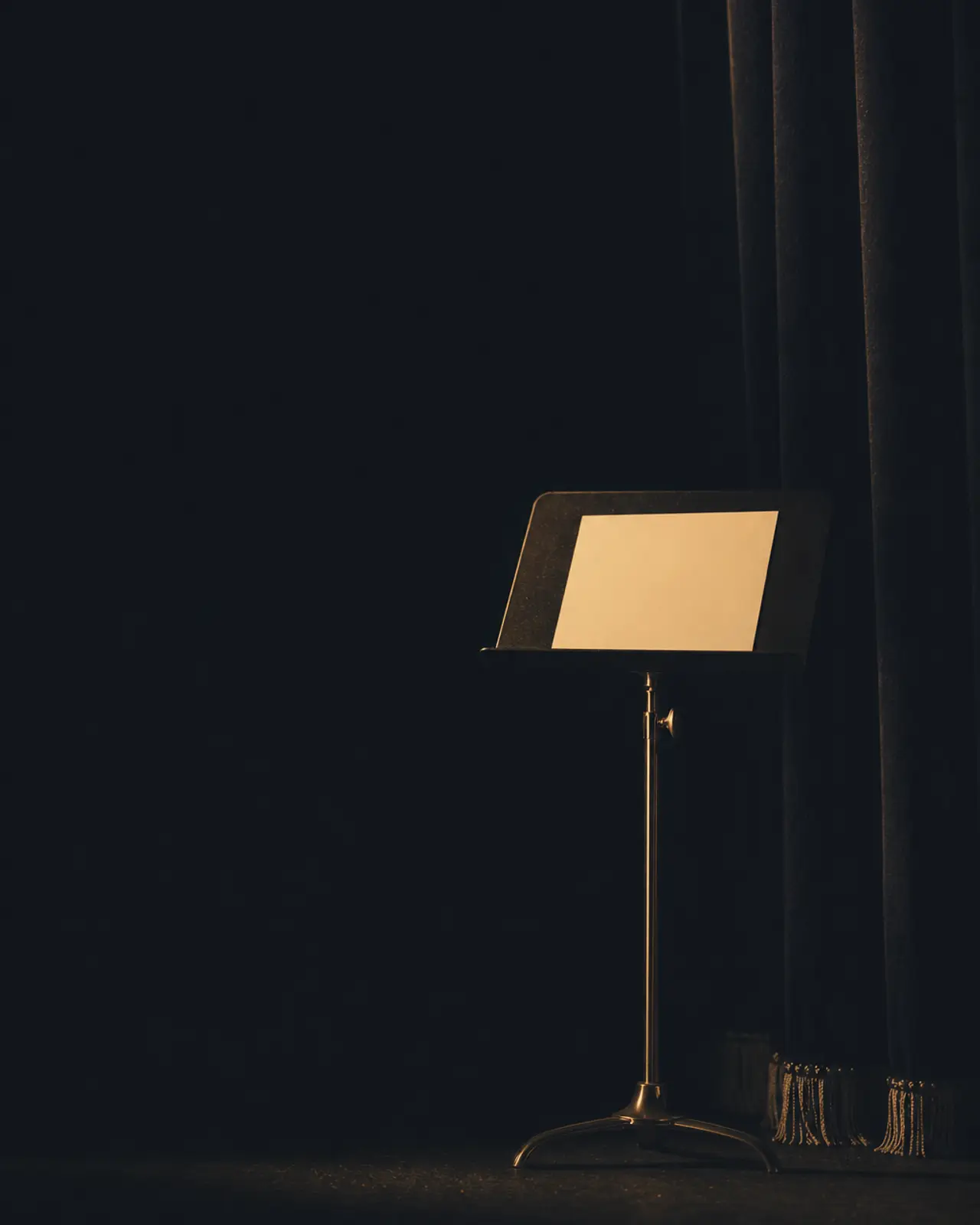 Swing era still life for Count Basie: a music stand holding one blank card, everything else dark.