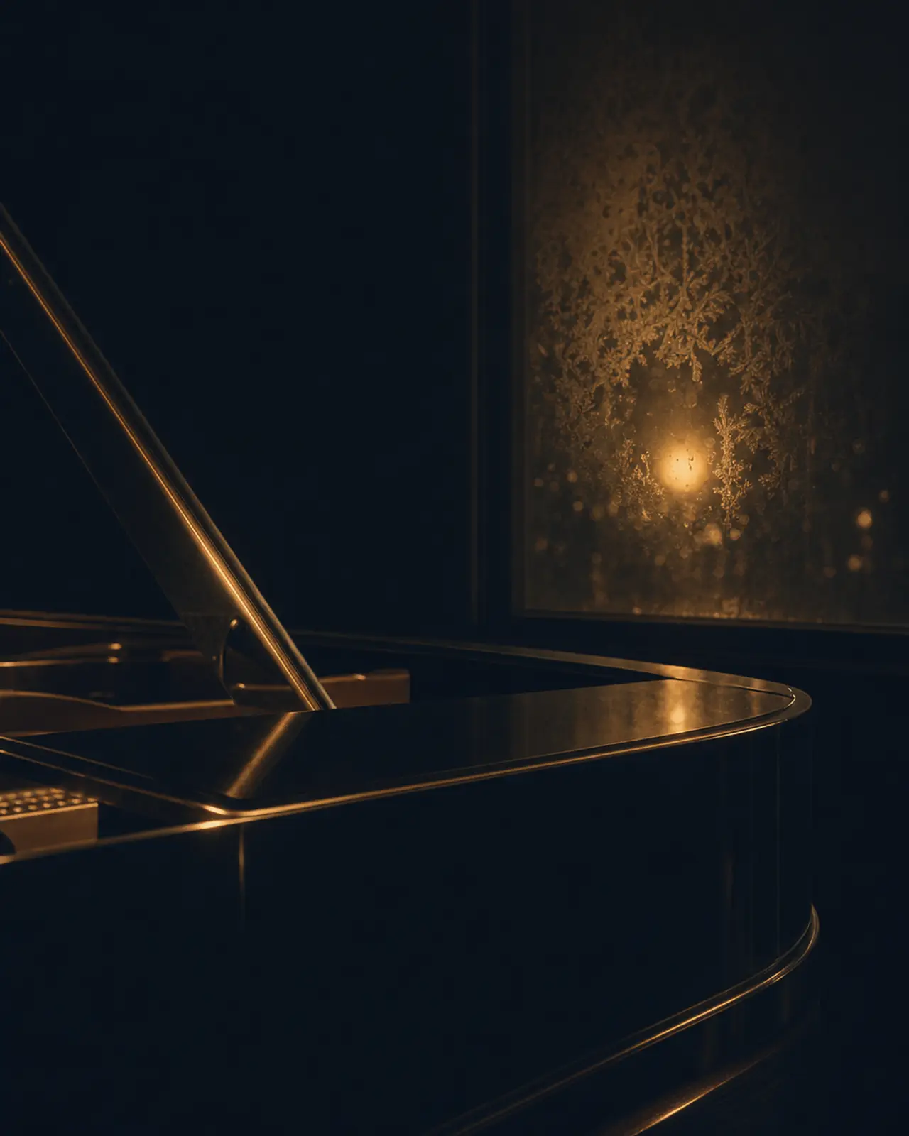 Contemporary era still life for Esbjörn Svensson: frost on the inside of a dark window, one warm light beyond it.