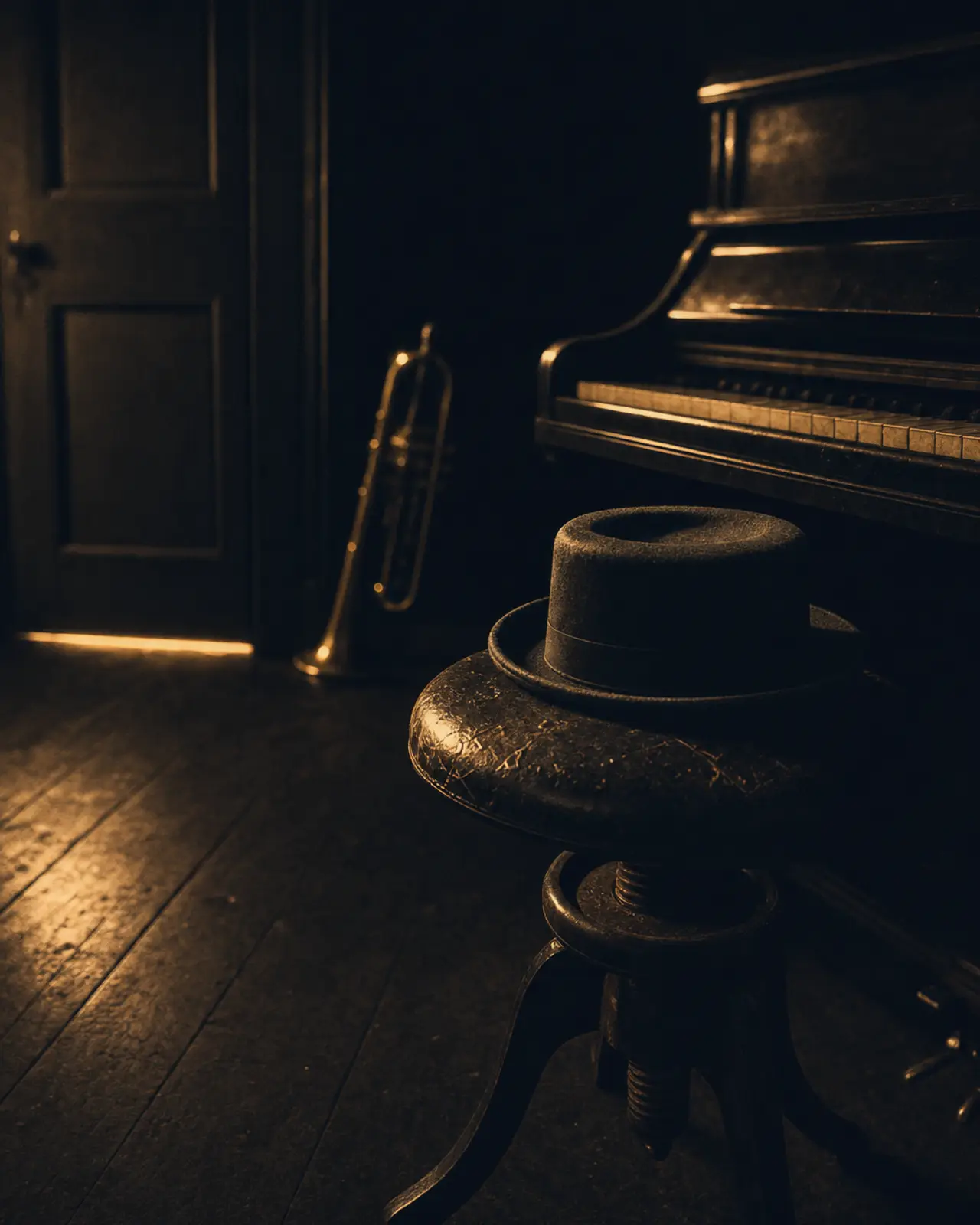 Stride era still life for Fats Waller: a bowler hat resting crown-down on a worn piano stool.