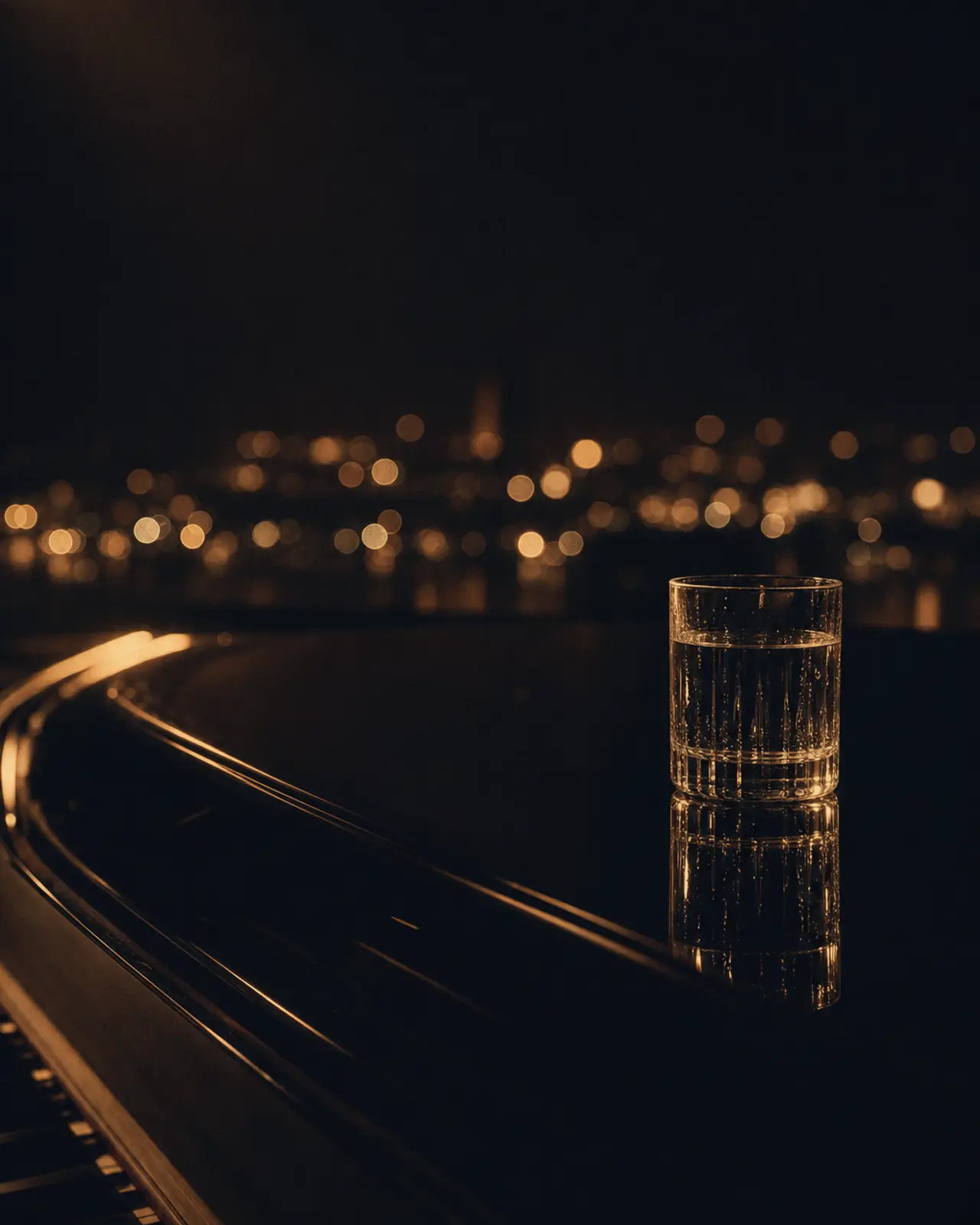 Contemporary era still life for Fred Hersch: a single glass of water on black gloss, the city bokeh behind it.