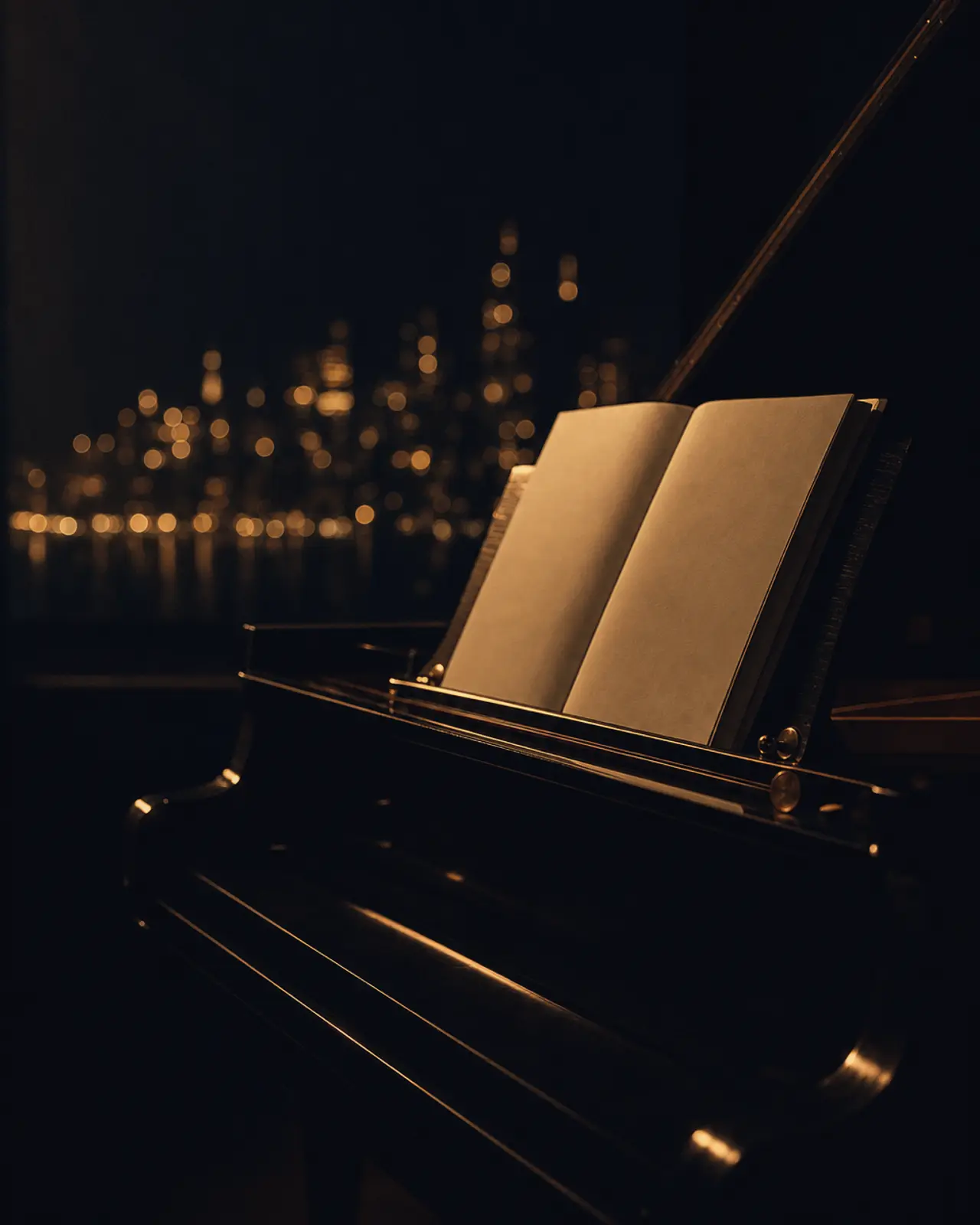 Contemporary era still life for Gerald Clayton: a folded music score standing open on an empty stand.