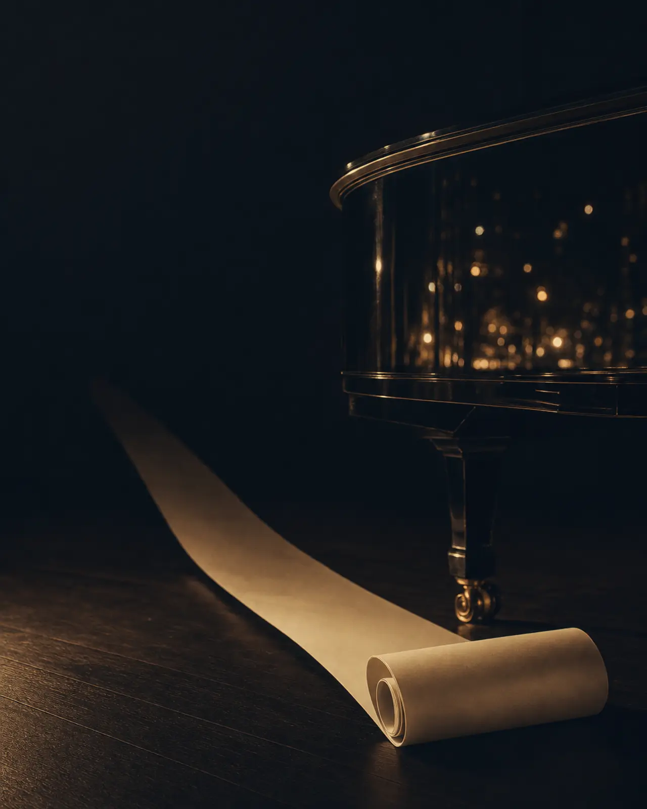 Contemporary era still life for Jason Moran: a roll of paper unfurling across a dark wooden floor, its far end lost in shadow.