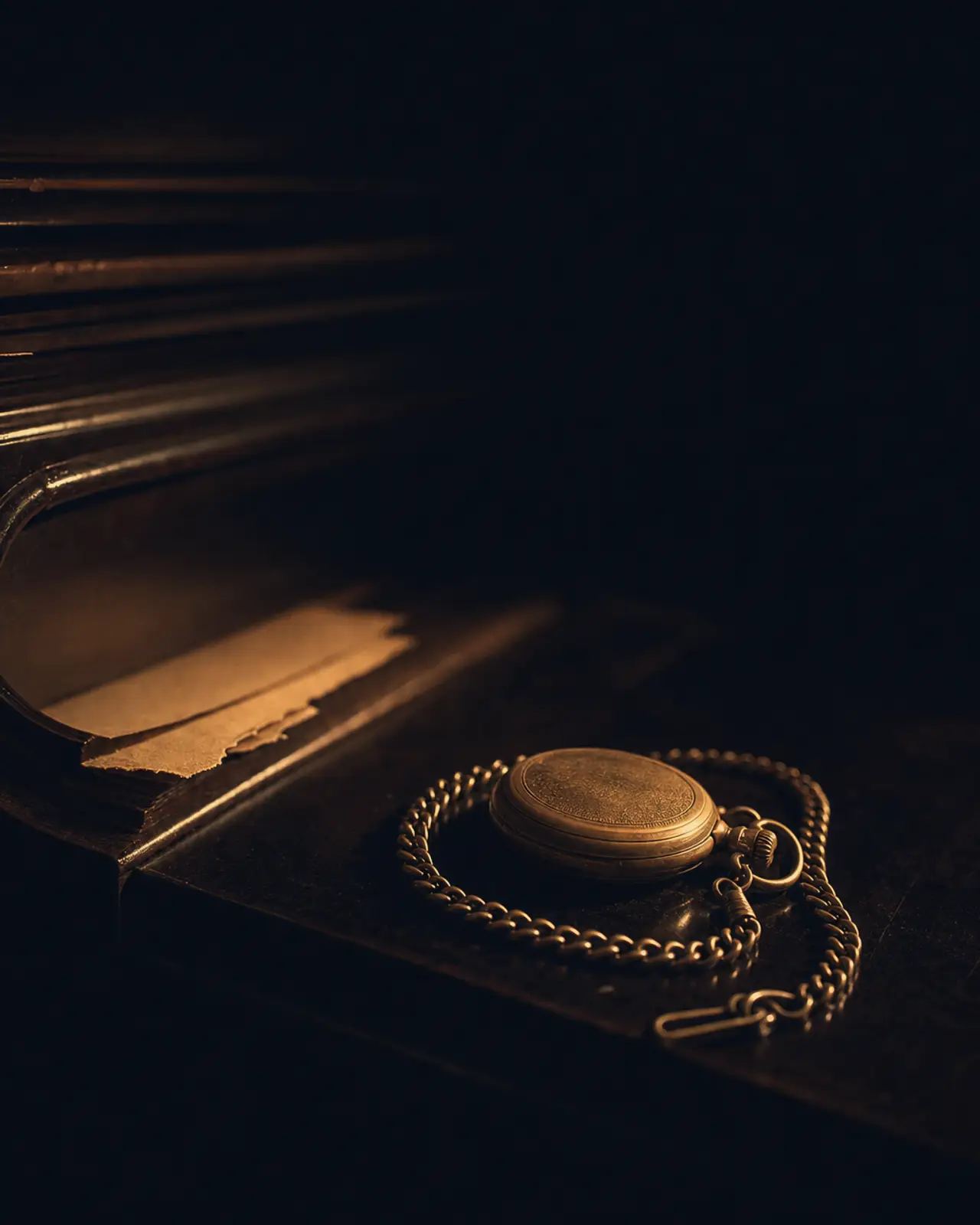 Ragtime era still life for Jelly Roll Morton: a pocket watch on its chain, coiled on dark lacquer.