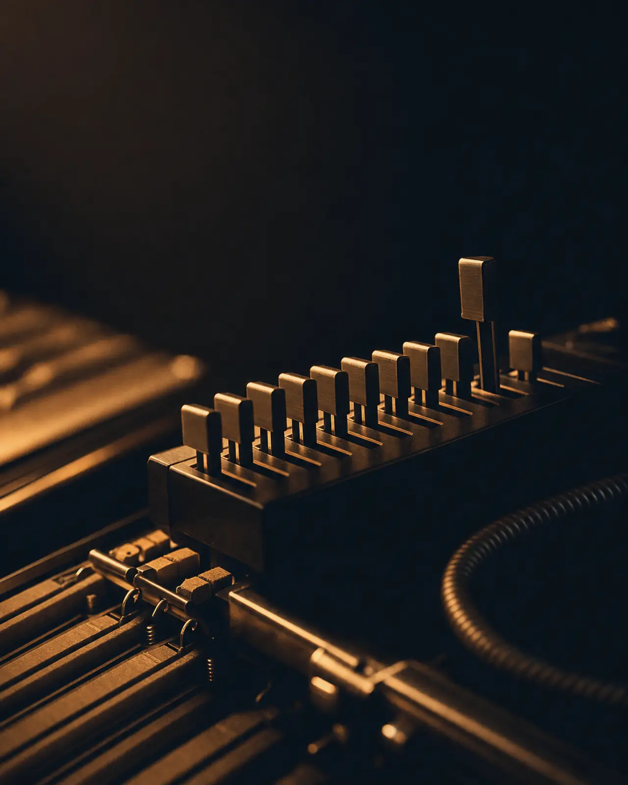 Fusion era still life for Joe Zawinul: a bank of unmarked sliders, one pushed to its top.