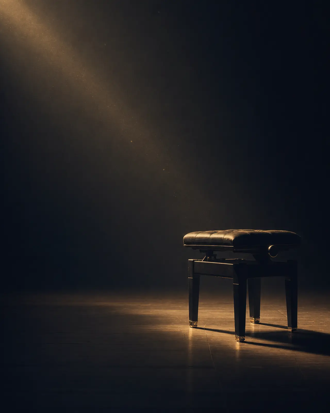 Modal era still life for Keith Jarrett: an empty piano bench alone in a hall far too large for it.