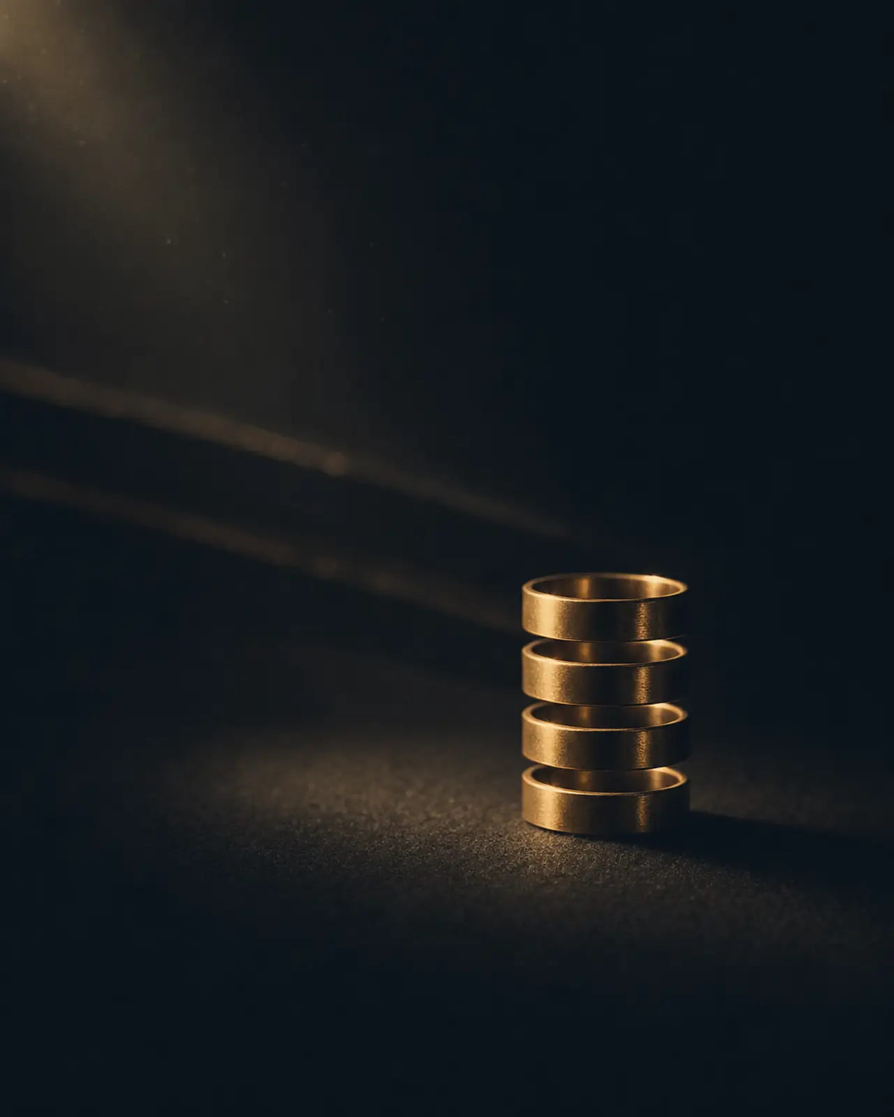 Modal era still life for McCoy Tyner: four stacked brass rings on dark felt, evenly spaced.