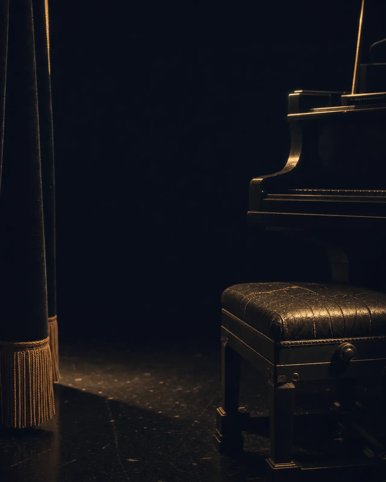 Swing era still life for Oscar Peterson: a piano bench pushed square to the keys, the seat leather cracked.