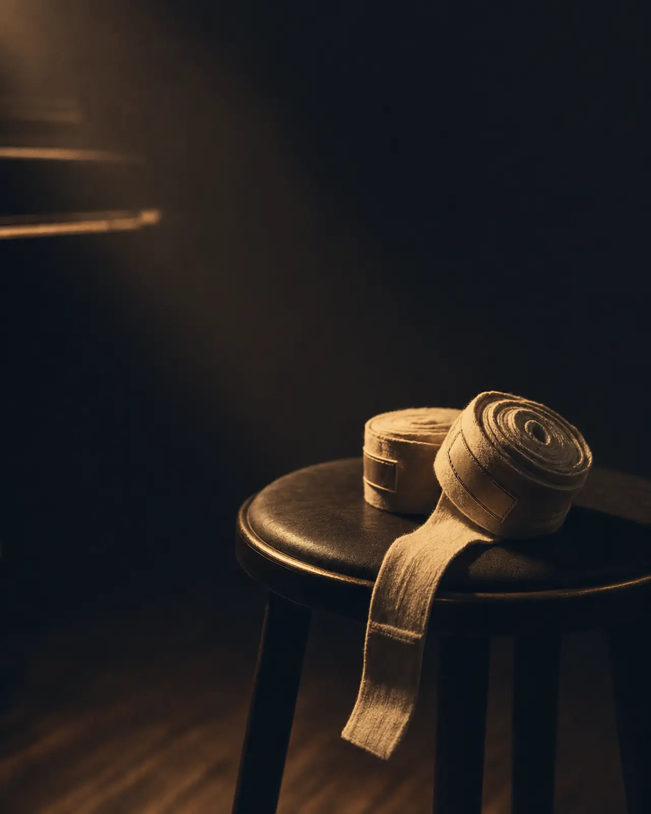 Cool Jazz era still life for Red Garland: a pair of taped boxing wraps coiled on a studio stool.