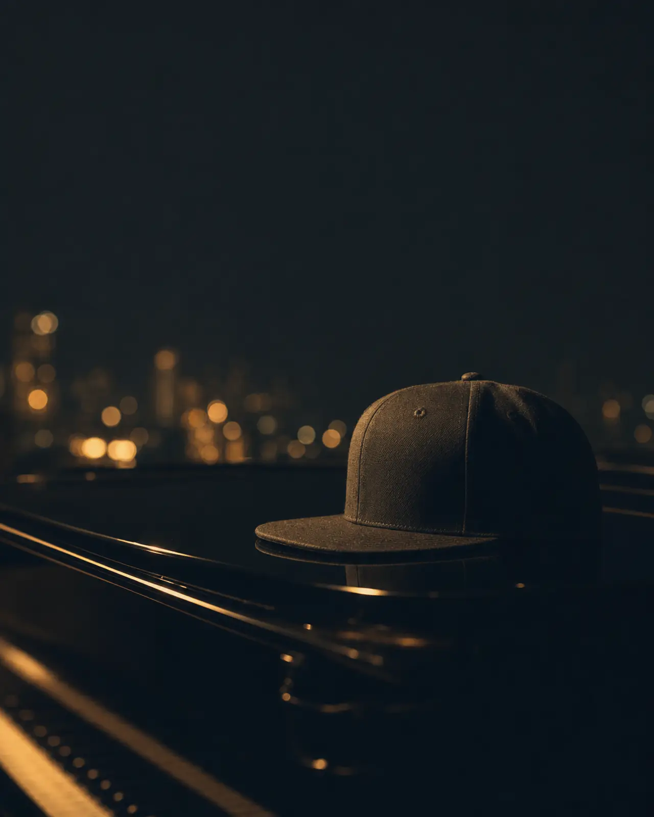 Contemporary era still life for Robert Glasper: a snapback cap resting on an electric-piano lid.