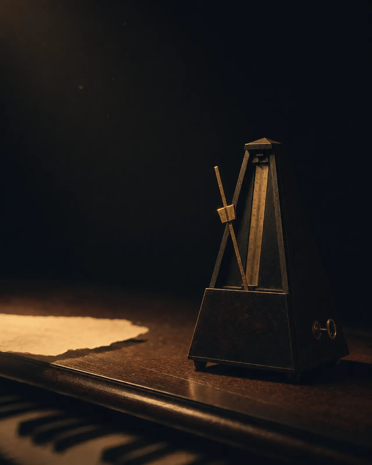 Ragtime era still life for Scott Joplin: a wind-up metronome in dark lacquered wood with a brass pendulum, stilled off-centre.