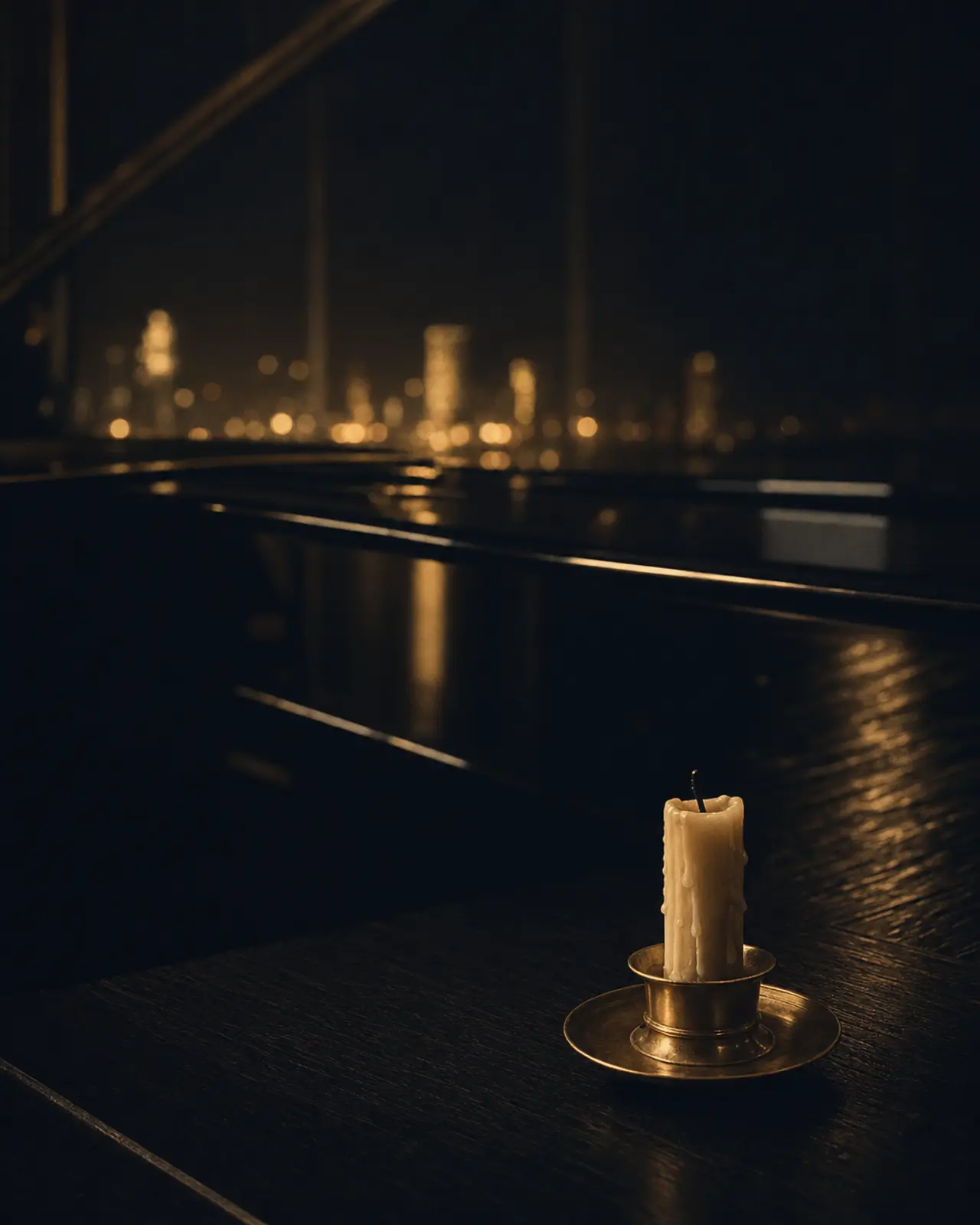 Contemporary era still life for Shai Maestro: a single unlit candle stub on dark wood.