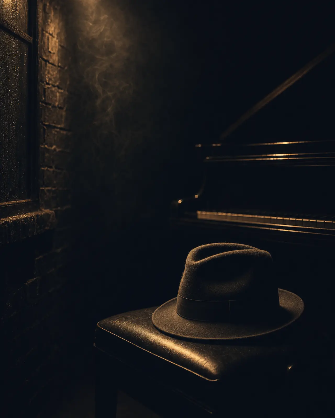 Bebop era still life for Thelonious Monk: a felt fedora resting crown-down on a piano bench.