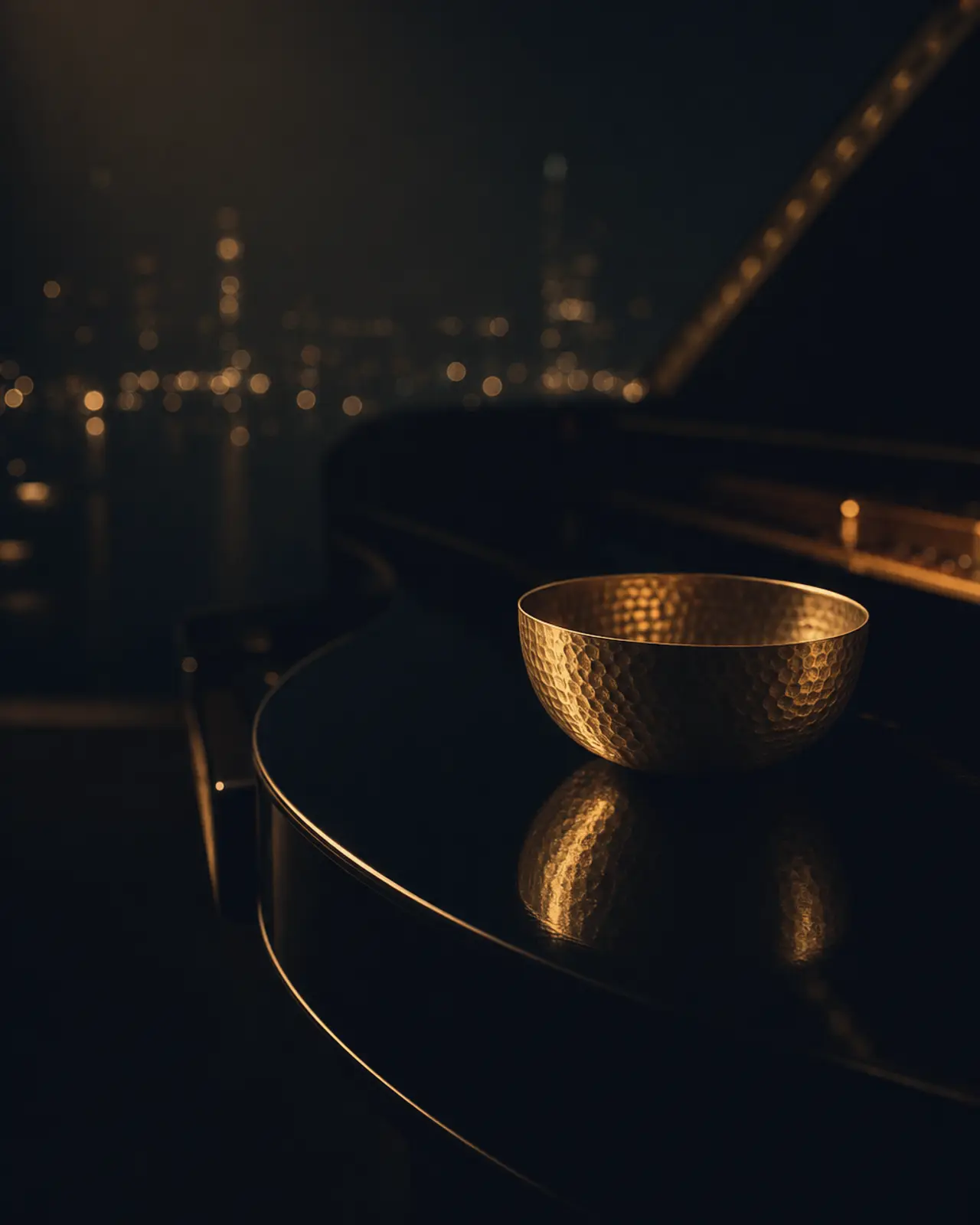 Contemporary era still life for Tigran Hamasyan: a hammered brass bowl on black lacquer.
