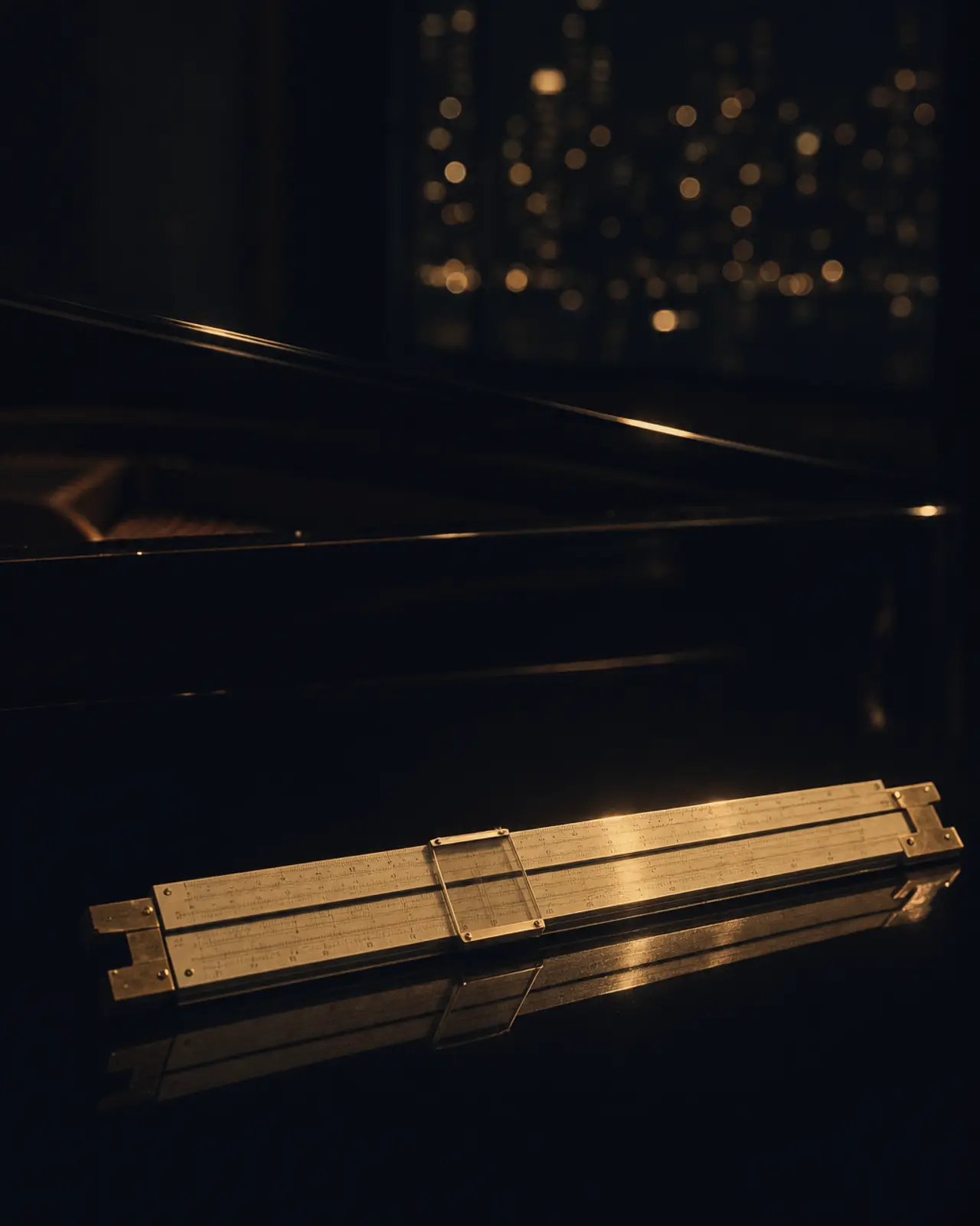 Contemporary era still life for Vijay Iyer: a slide rule lying fully extended on black lacquer, its scale catching one line of light.